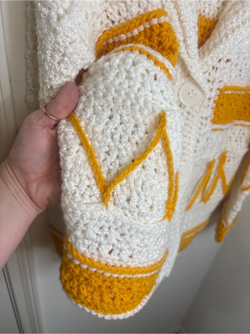 Handmade Knit Crochet Cardigan Sweater Mustard Yellow & Cream Boho - Picture 6 of 16